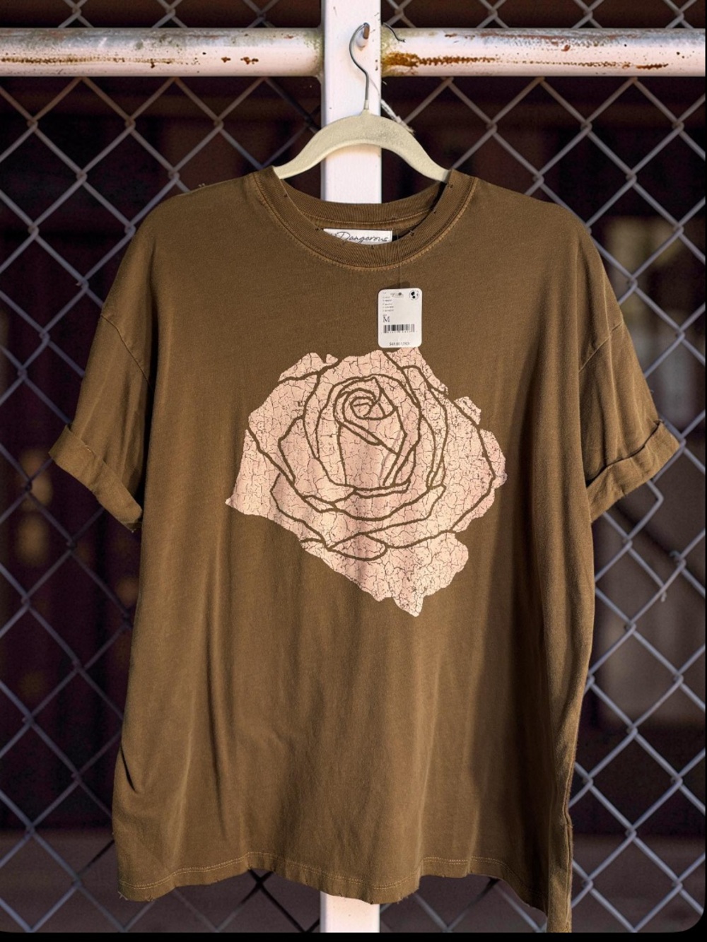 Olive Graphic Tee with Pink Rose Print